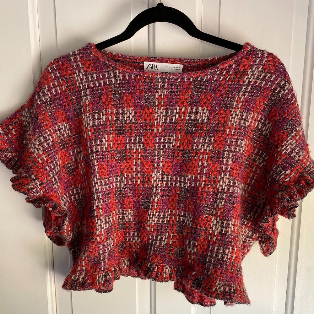 ZARA tweed metallic ruffle trim crop